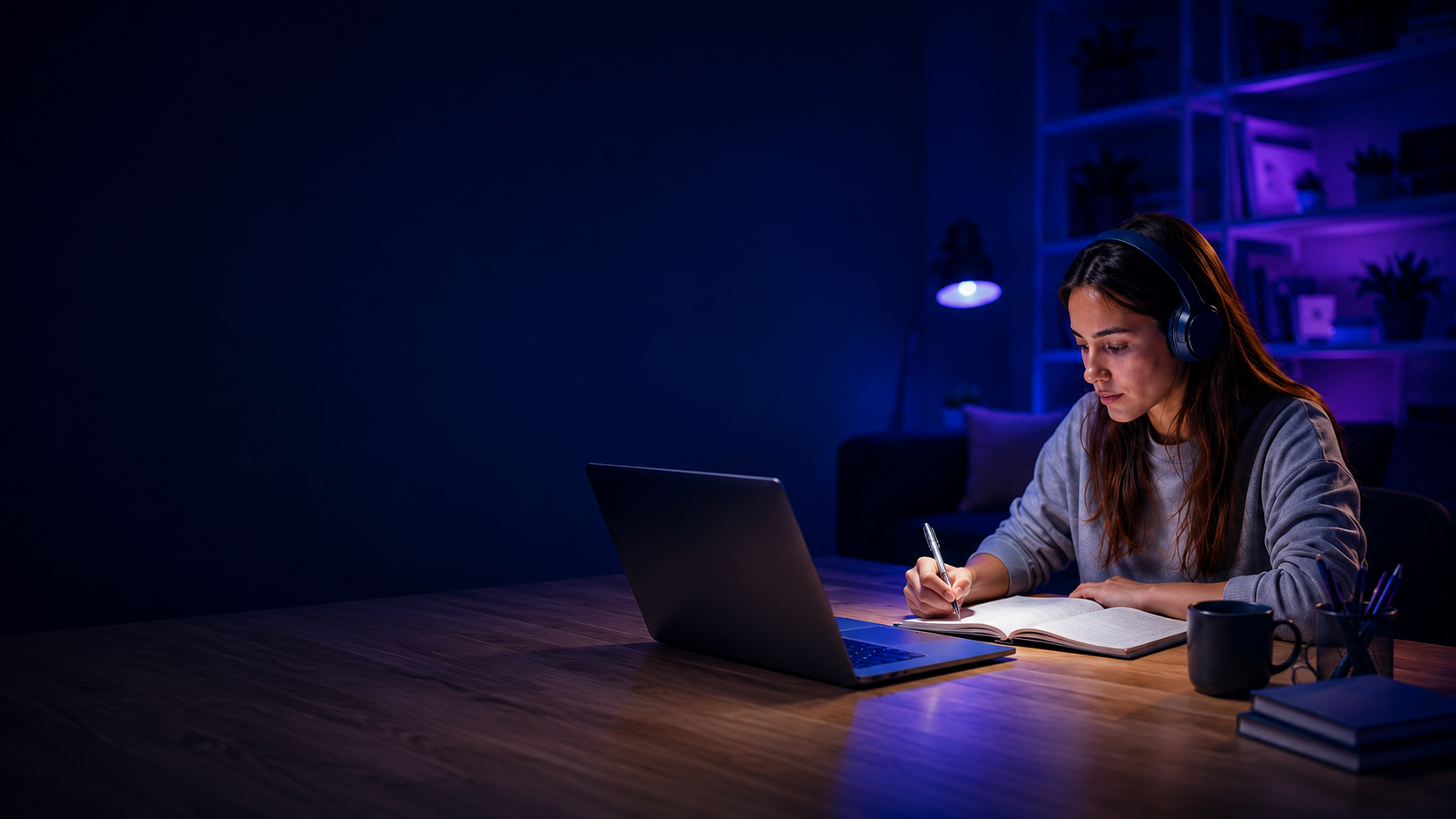 Estudante concentrada com notebook e caderno